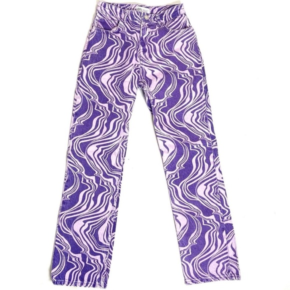 ZARA Purple Psychedelic High Waisted Straight Jeans - Picture 3 of 8